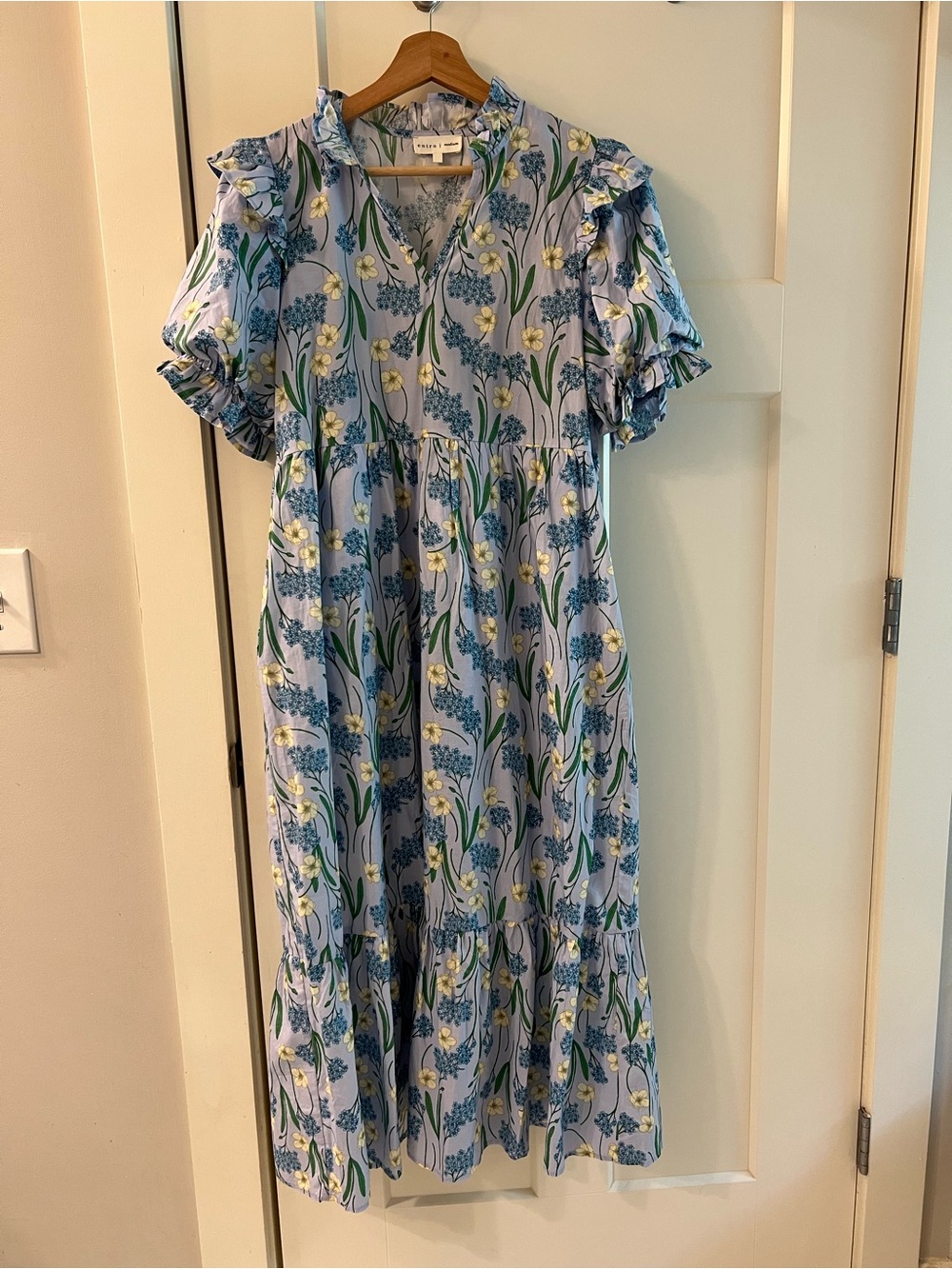 Beautiful Blue Floral Tiered Ladies Dress with Ruffle Sleeves- Worn Once!